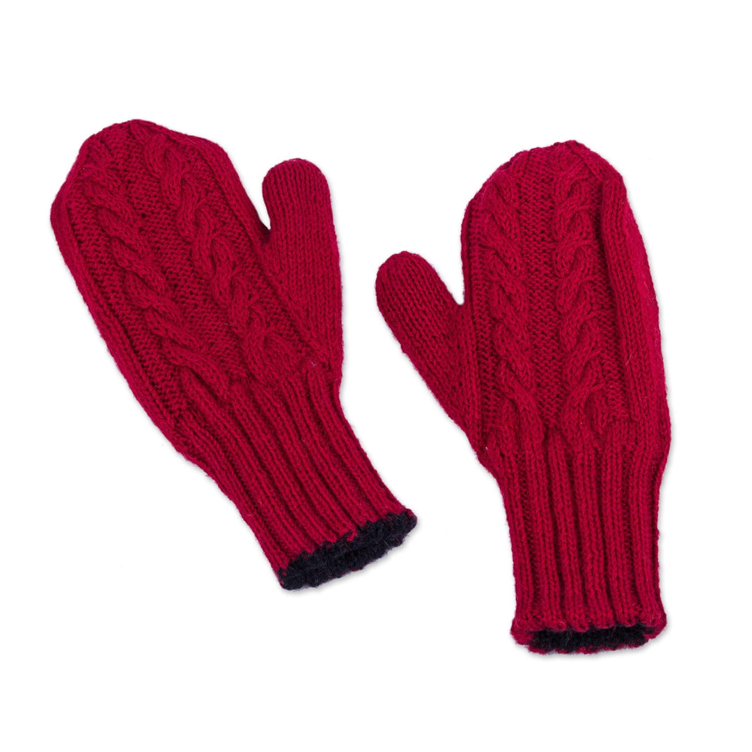 Red and Black Reversible Hand Knitted 100% Alpaca Mittens - Cherry Cola