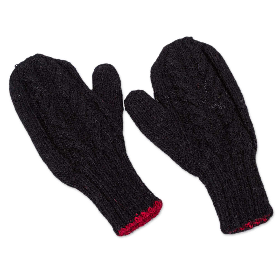 Red and Black Reversible Hand Knitted 100% Alpaca Mittens - Cherry Cola