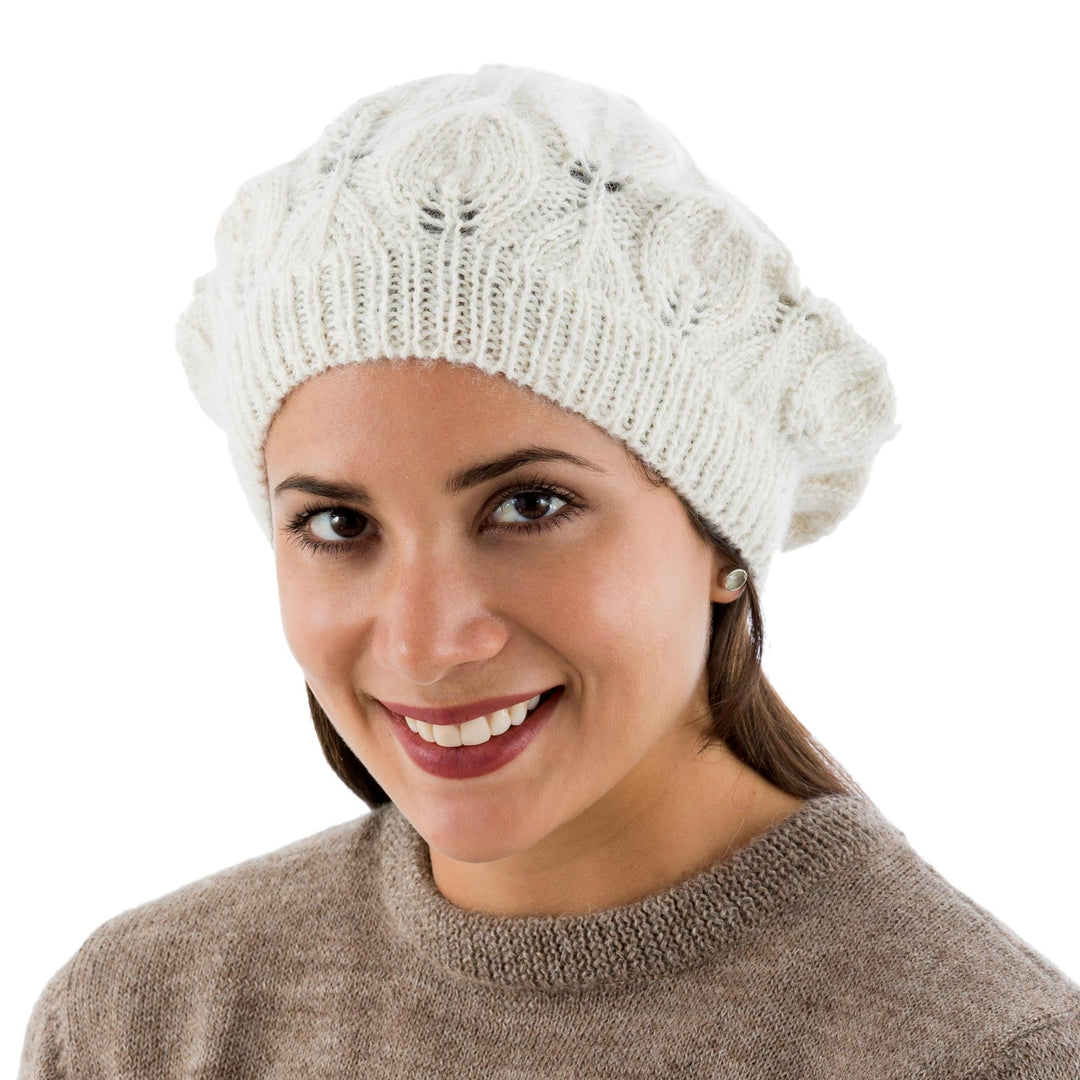 Hand Knit Andean 100% Alpaca Women's Beret in Ivory - Ivory Leaves