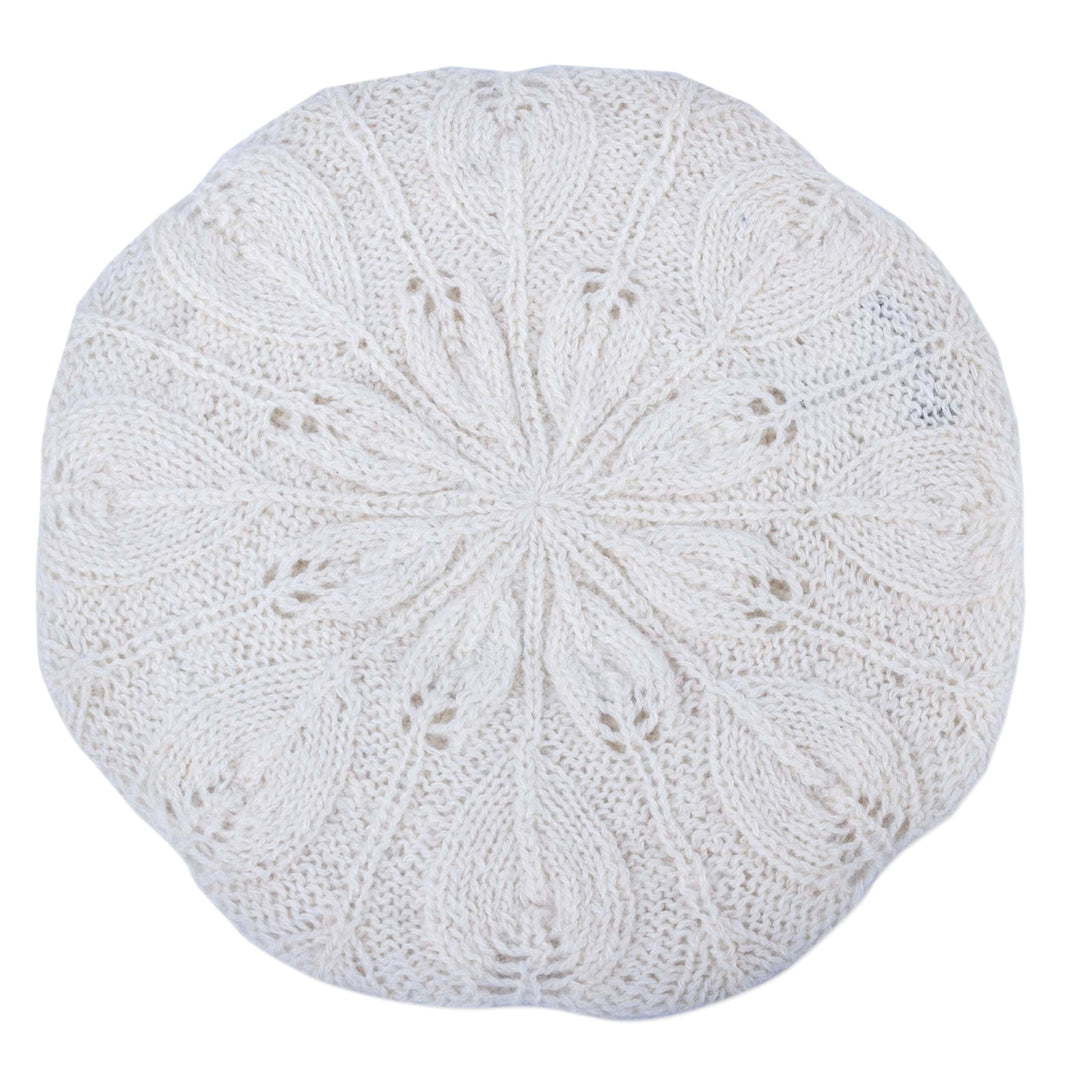Hand Knit Andean 100% Alpaca Women's Beret in Ivory - Ivory Leaves