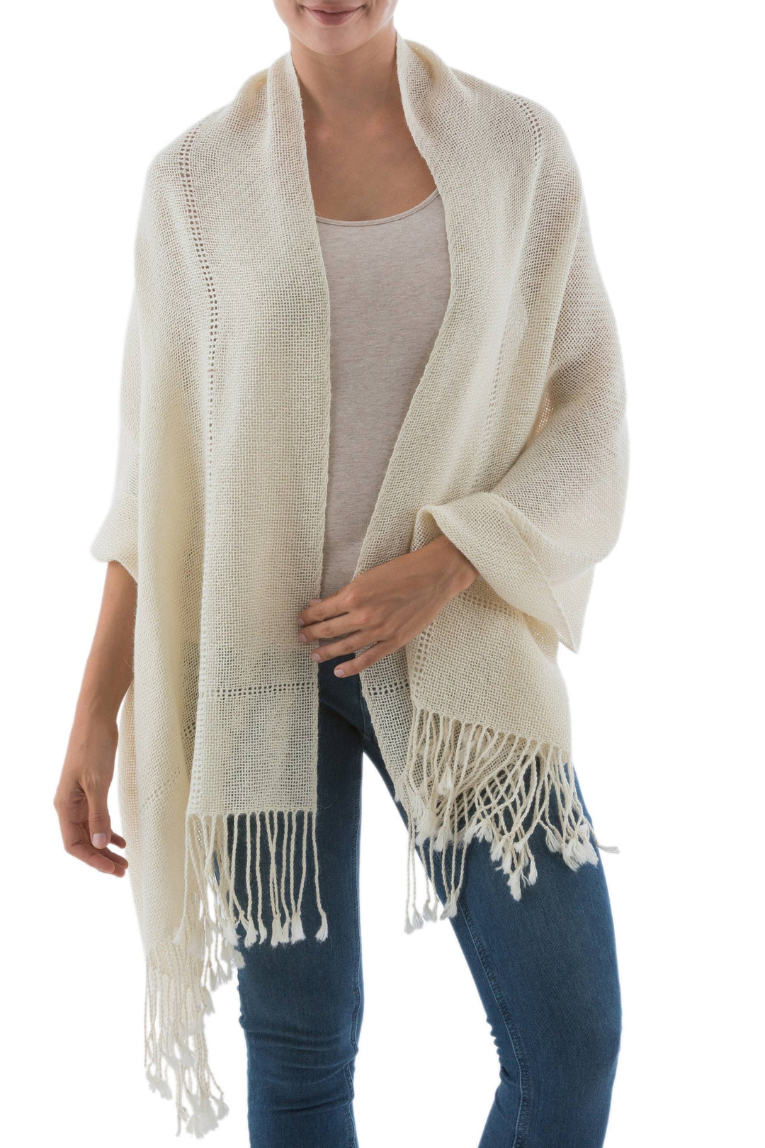 Andean 100% Baby Alpaca Backstrap Loom Handwoven Shawl - Timeless in Alabaster