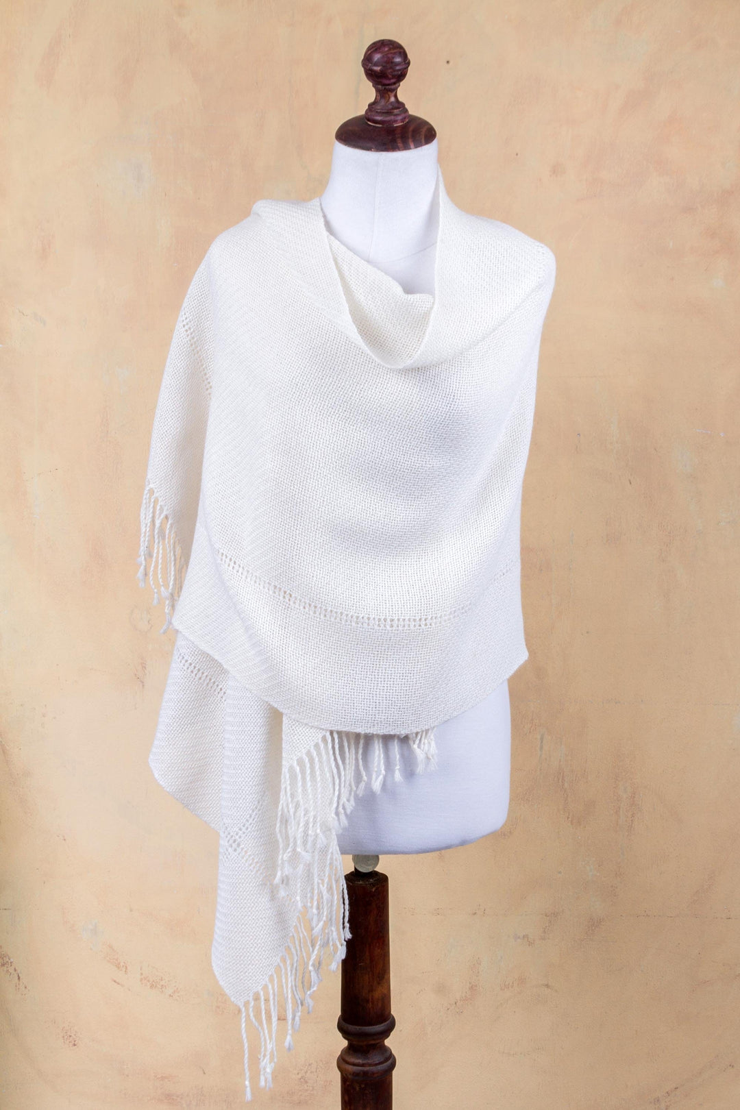 Andean 100% Baby Alpaca Backstrap Loom Handwoven Shawl - Timeless in Alabaster