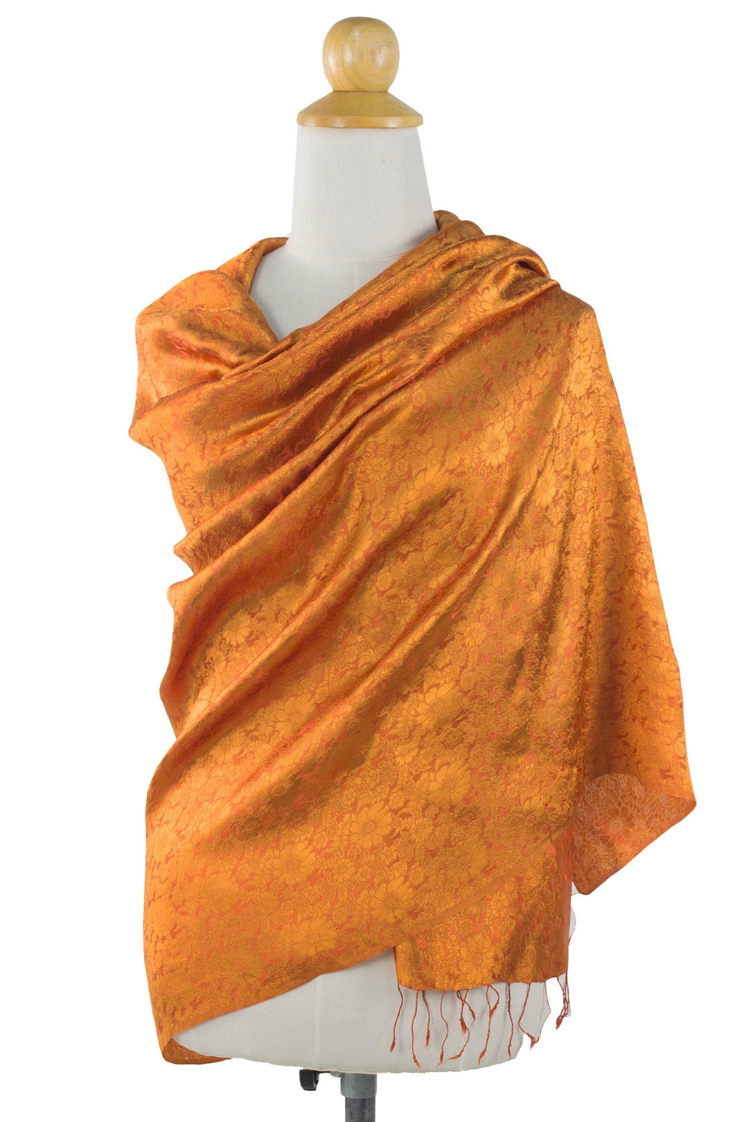 Artisan Crafted Thai Rayon Blend Shawl with Floral Motif - Sweet Mandarin