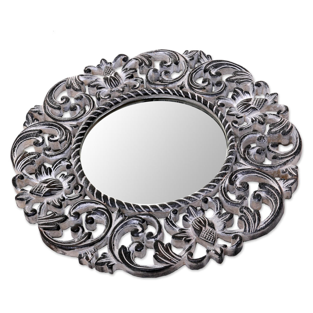 Hand Carved Black Floral 15-Inch Wall Mirror from Bali - Black Balsamina Buds