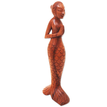 Balinese Yoga Mermaid Hand Carved Signed Wood Sculpture - Namaste Mermaid