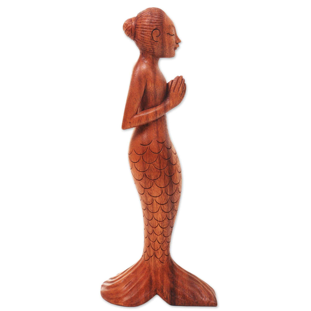 Balinese Yoga Mermaid Hand Carved Signed Wood Sculpture - Namaste Mermaid