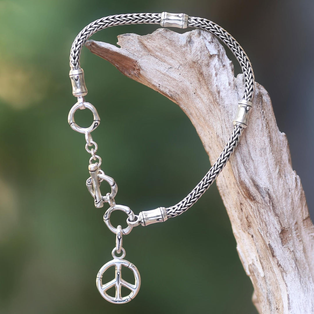 Artisan Crafted Sterling Silver Bracelet with Peace Charm - Peaceful Bamboo