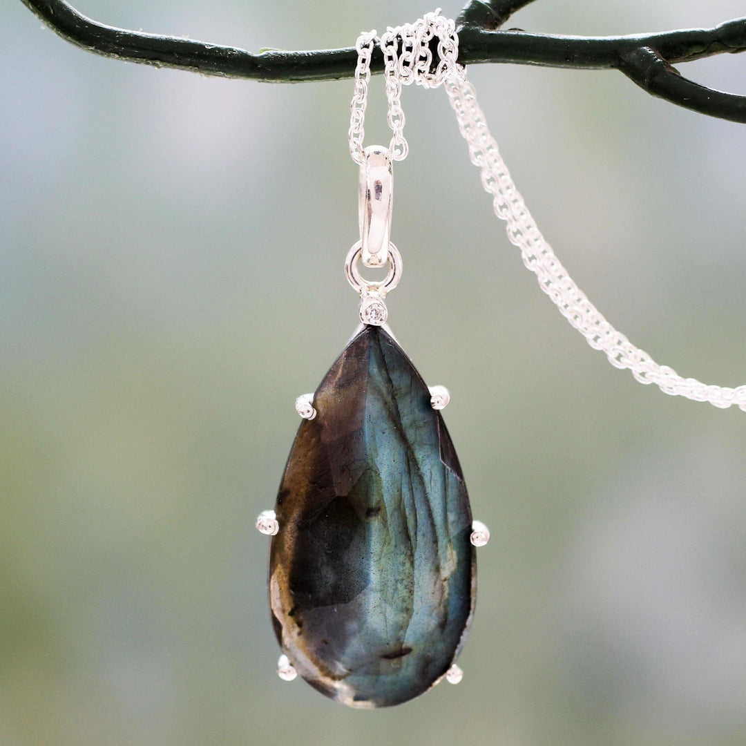 Fair Trade Labradorite and Sterling Silver Pendant Necklace - Dusky Droplet