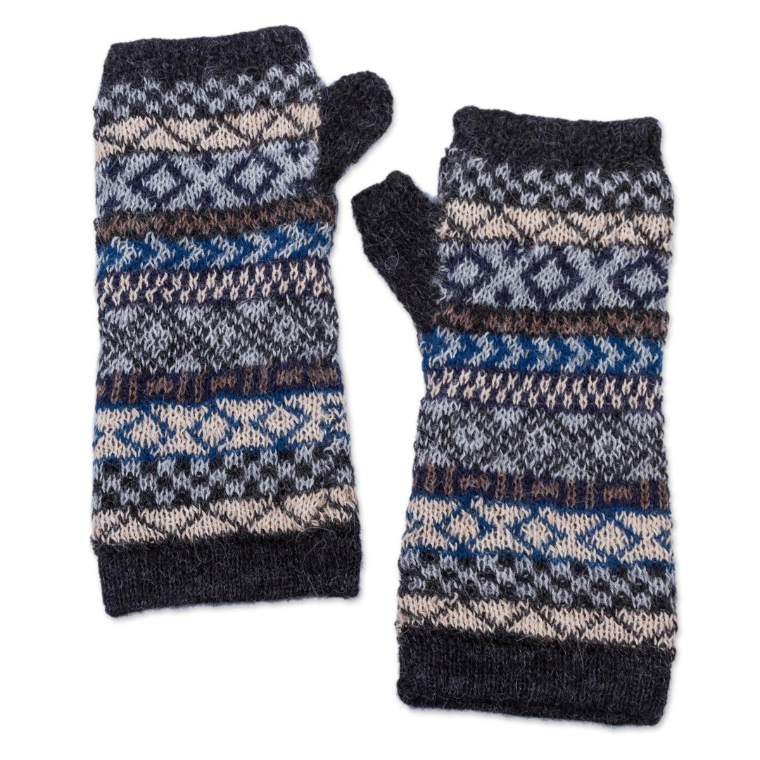 Hand Crafted 100% Alpaca Colorful Fingerless Gloves - Geometric Color