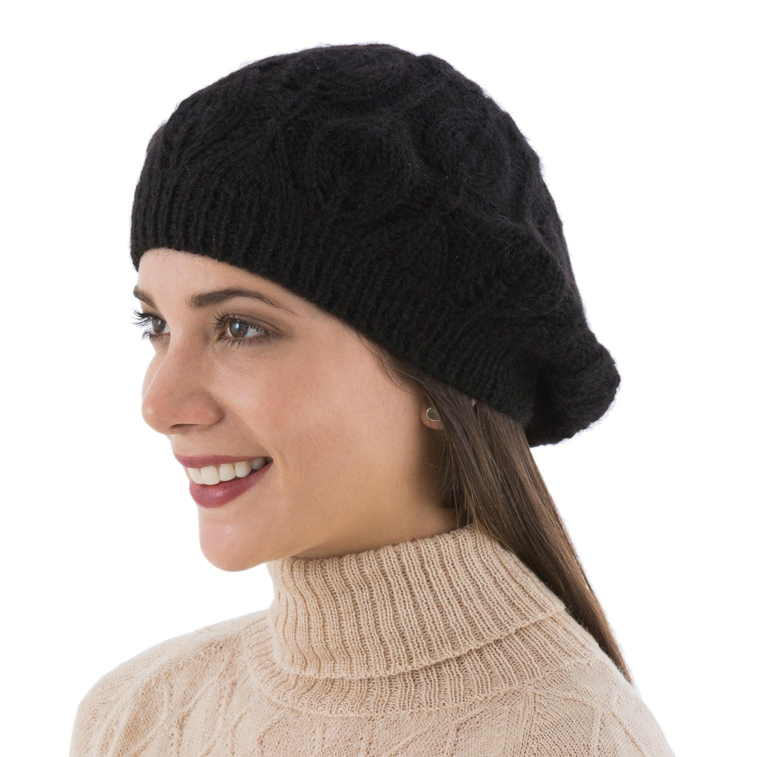 Hand Knit Black 100% Alpaca Beret from Peru - Dark Leaves