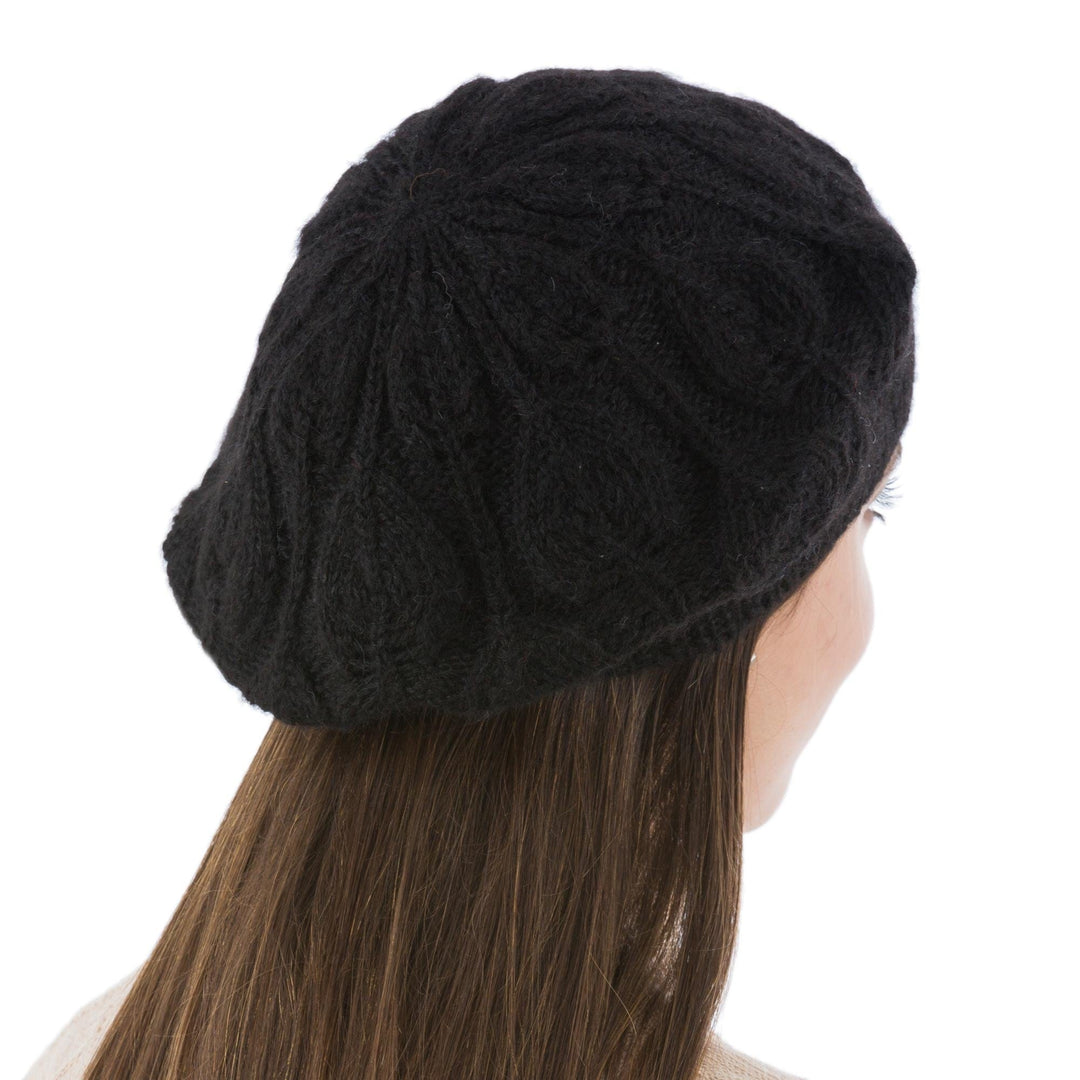 Hand Knit Black 100% Alpaca Beret from Peru - Dark Leaves