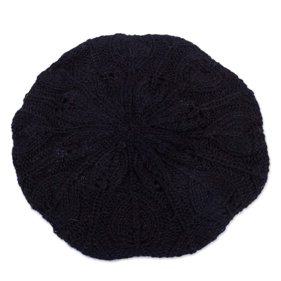 Hand Knit Black 100% Alpaca Beret from Peru - Dark Leaves