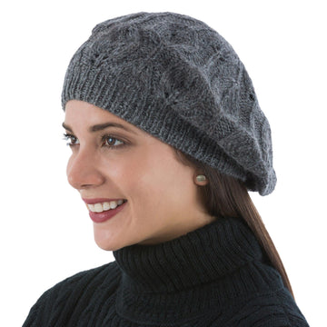 Andean Alpaca Wool Hand Knitted Beret in Charcoal Grey - Charcoal Grey Leaves