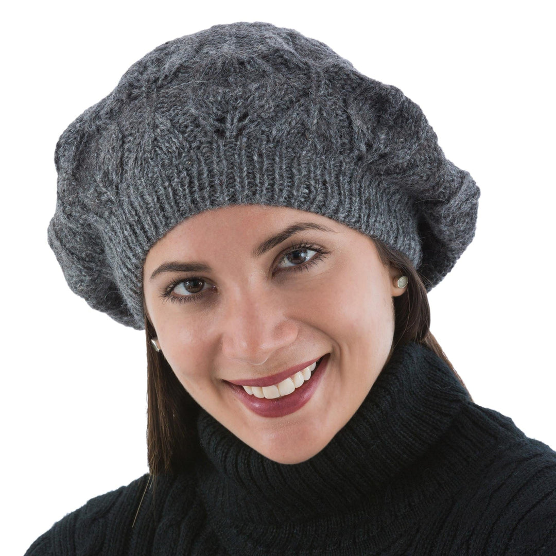 Andean Alpaca Wool Hand Knitted Beret in Charcoal Grey - Charcoal Grey Leaves