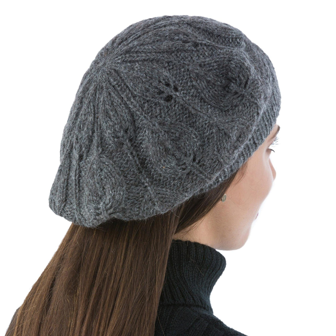 Andean Alpaca Wool Hand Knitted Beret in Charcoal Grey - Charcoal Grey Leaves