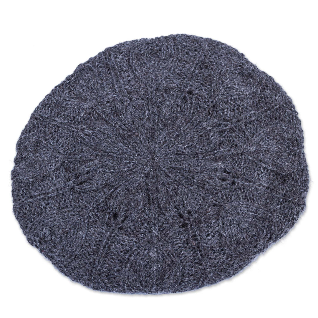 Andean Alpaca Wool Hand Knitted Beret in Charcoal Grey - Charcoal Grey Leaves