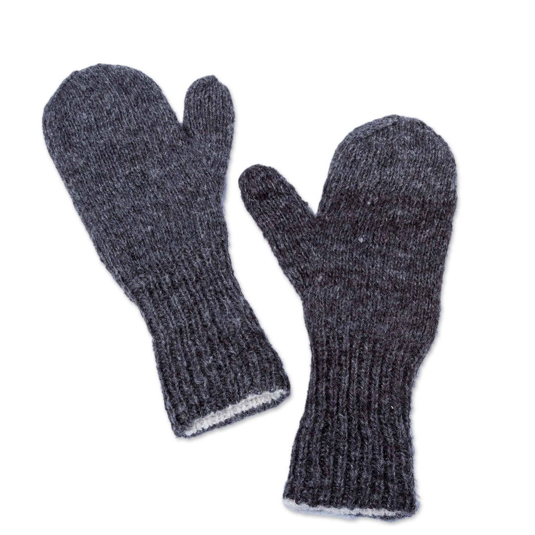 Hand Crafted Grey and White 100% Alpaca Reversible Mittens - Grey Skies