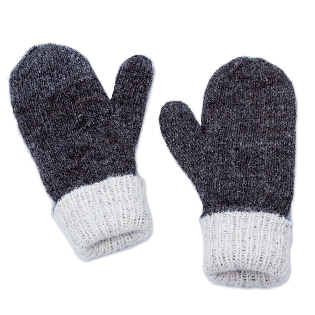 Hand Crafted Grey and White 100% Alpaca Reversible Mittens - Grey Skies