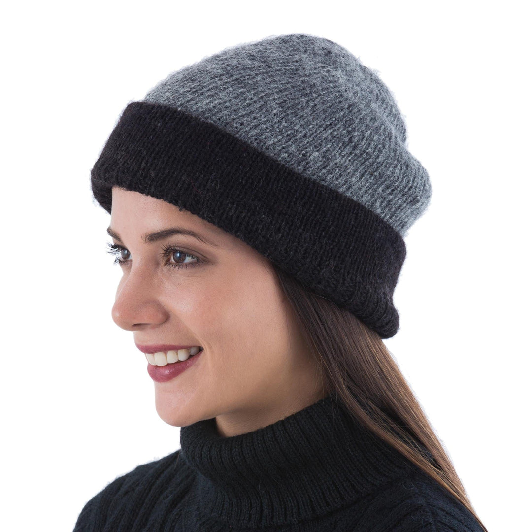 Reversible Grey and Black 100% Alpaca Hat Knitted by Hand - Shadows at Dusk
