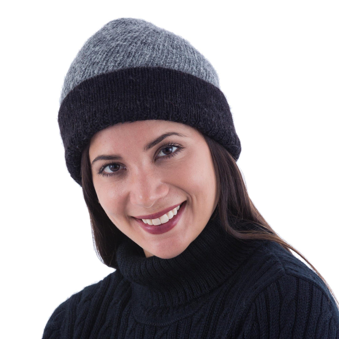 Reversible Grey and Black 100% Alpaca Hat Knitted by Hand - Shadows at Dusk