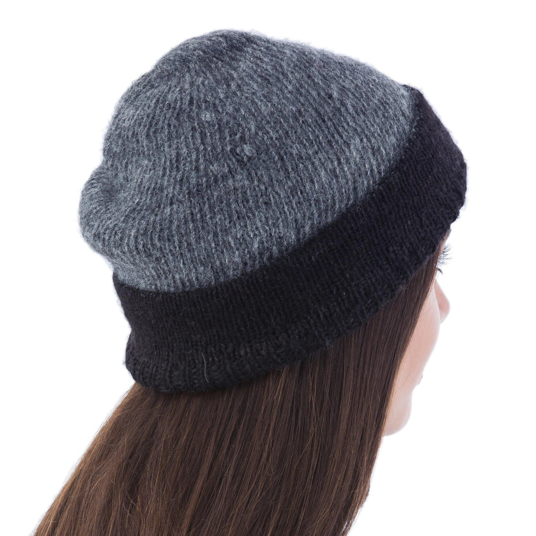 Reversible Grey and Black 100% Alpaca Hat Knitted by Hand - Shadows at Dusk