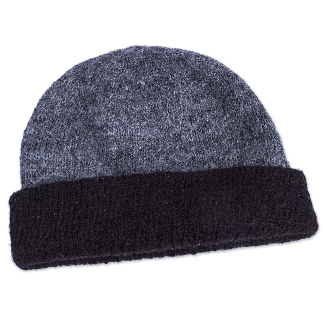 Reversible Grey and Black 100% Alpaca Hat Knitted by Hand - Shadows at Dusk