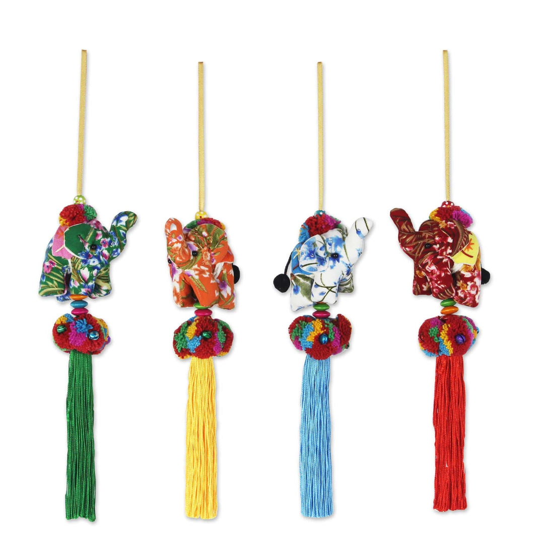 Set of 4 Multicolor Thai Elephant Ornaments Crafted by Hand - Happy Lanna Elephants