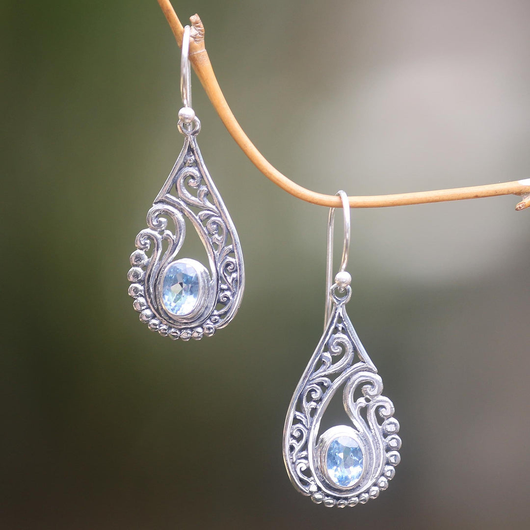 Artisan Crafted Blue Topaz and Sterling Silver Earrings - Blue Tendrils