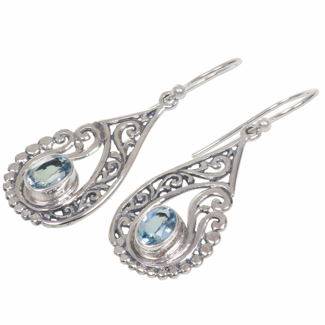 Artisan Crafted Blue Topaz and Sterling Silver Earrings - Blue Tendrils