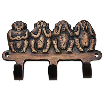 Hand Crafted Monkey Brass Key Chain Holder from India - Four Wise Monkeys