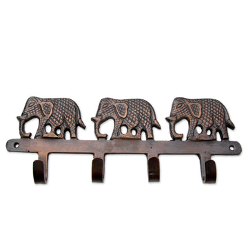 Key Holder Antiqued Elephants on Copper Plated Brass - Adventurous Elephants
