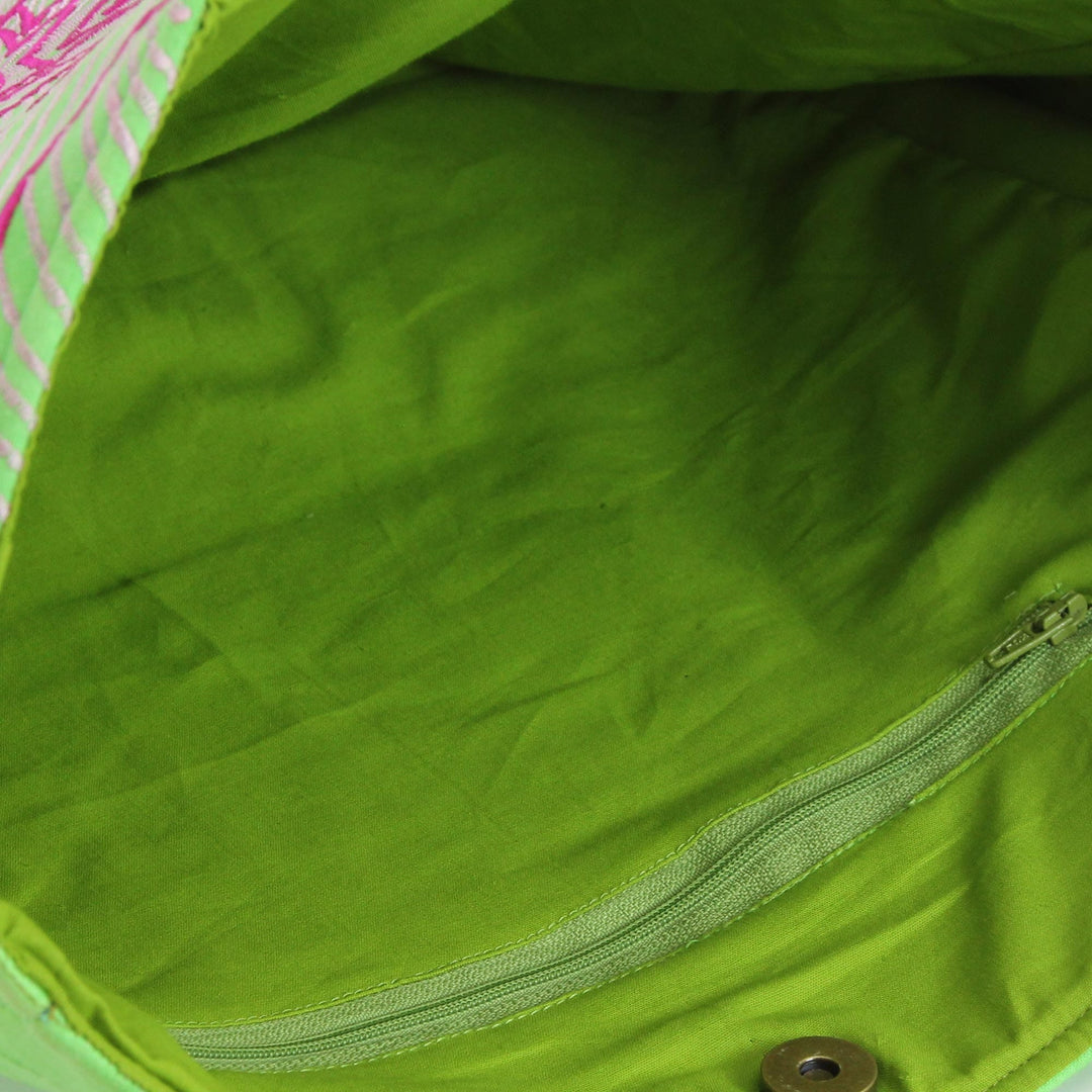 Artisan Crafted Green Embroidered Cotton Shoulder Bag - Lime Delight
