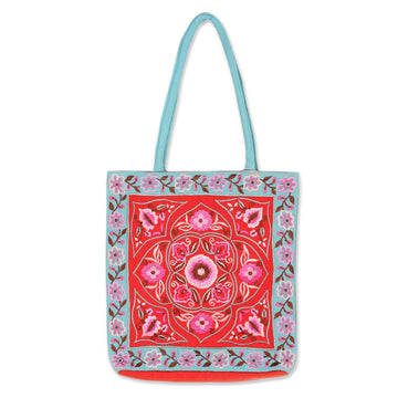 Artisan Crafted Embroidered 100% Cotton Floral Shoulder Bag - Floral Emblem