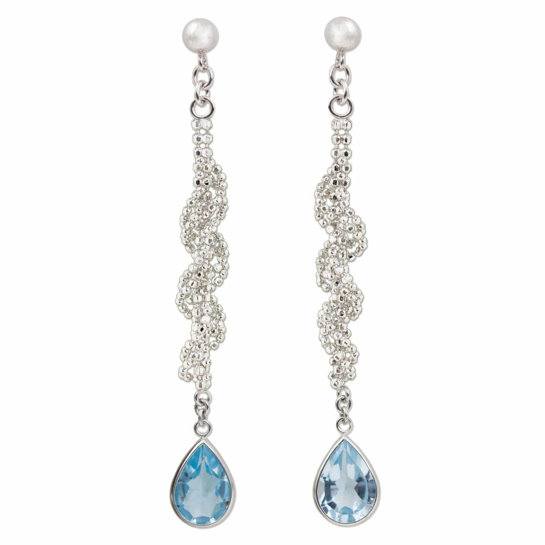 Sterling Silver Ball Chain and Blue Topaz Dangle Earrings - Blue Rose Teardrop
