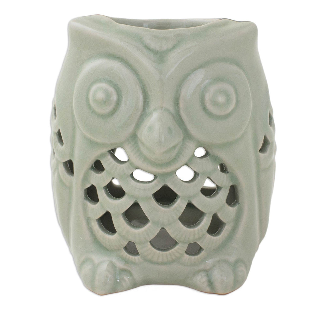 Artisan Crafted Ceramic Owl Oil Warmer from Thailand - Cozy Owl in Green