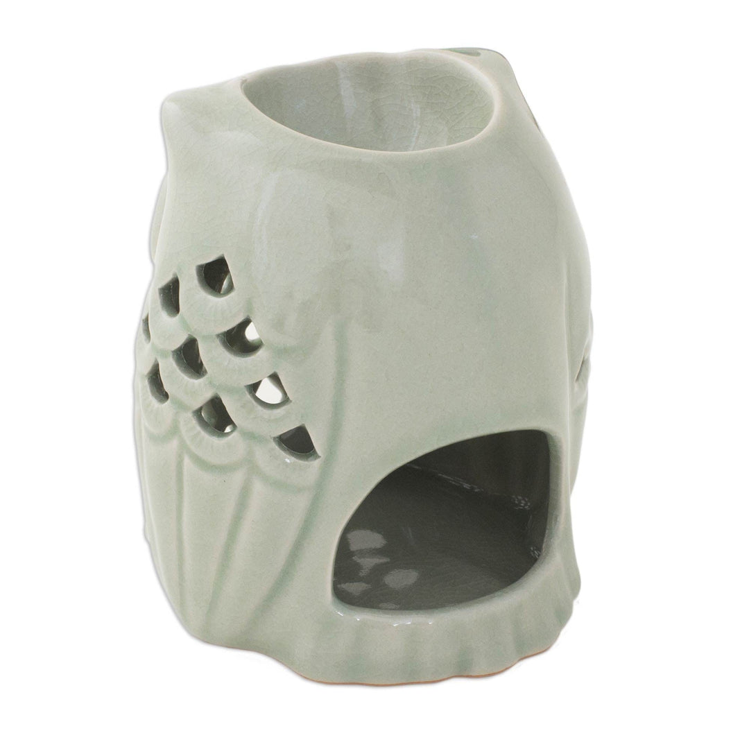 Artisan Crafted Ceramic Owl Oil Warmer from Thailand - Cozy Owl in Green
