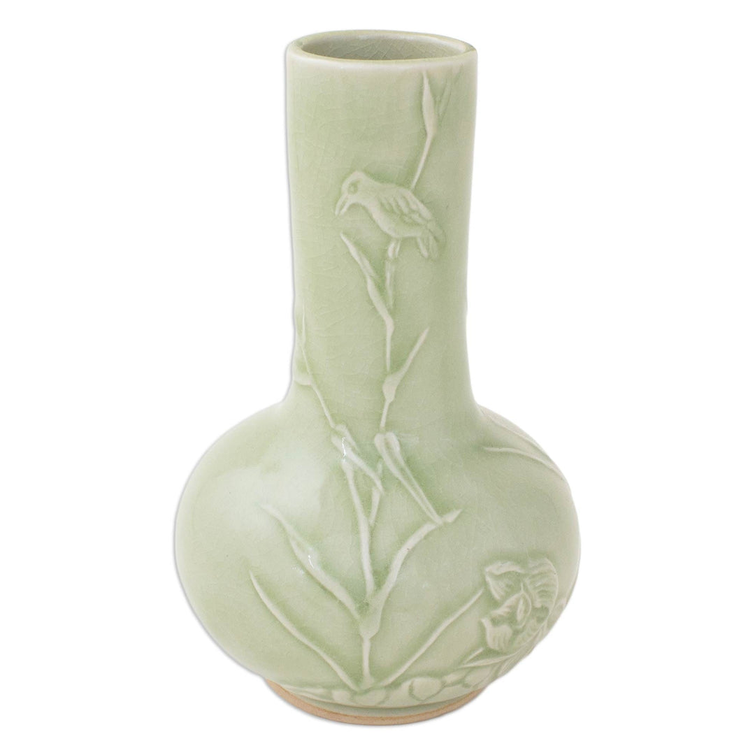 Thai Artisan Crafted Nature Inspired Ceramic Green Vase - Tranquility