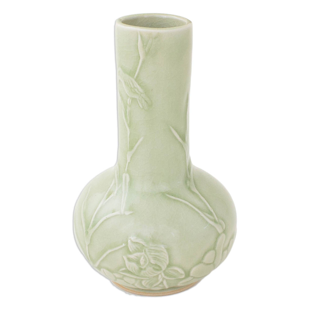 Thai Artisan Crafted Nature Inspired Ceramic Green Vase - Tranquility