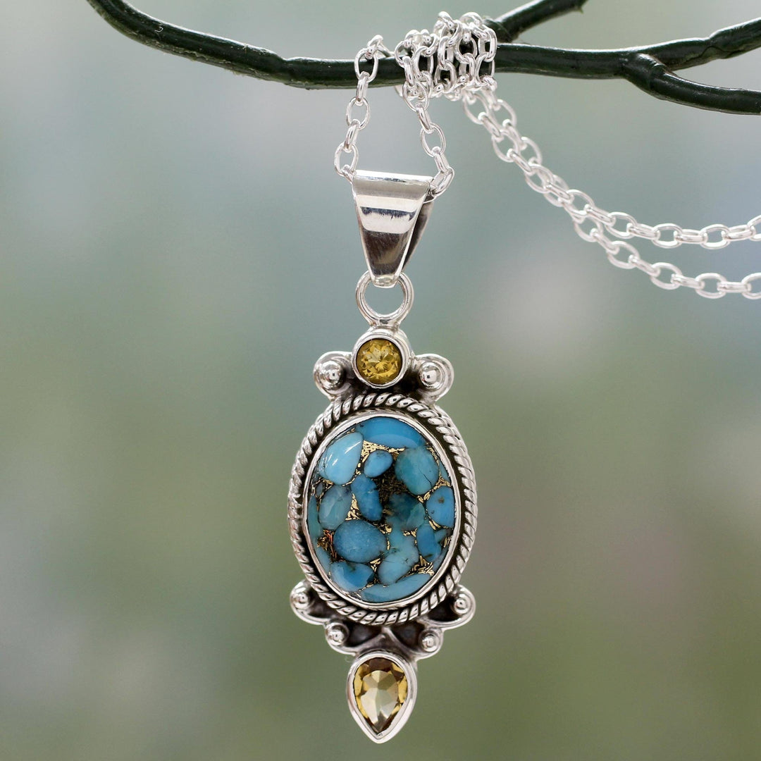 Silver Pendant Necklace with Citrine and Composite Turquoise - Resplendent in Blue