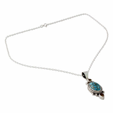Silver Pendant Necklace with Citrine and Composite Turquoise - Resplendent in Blue