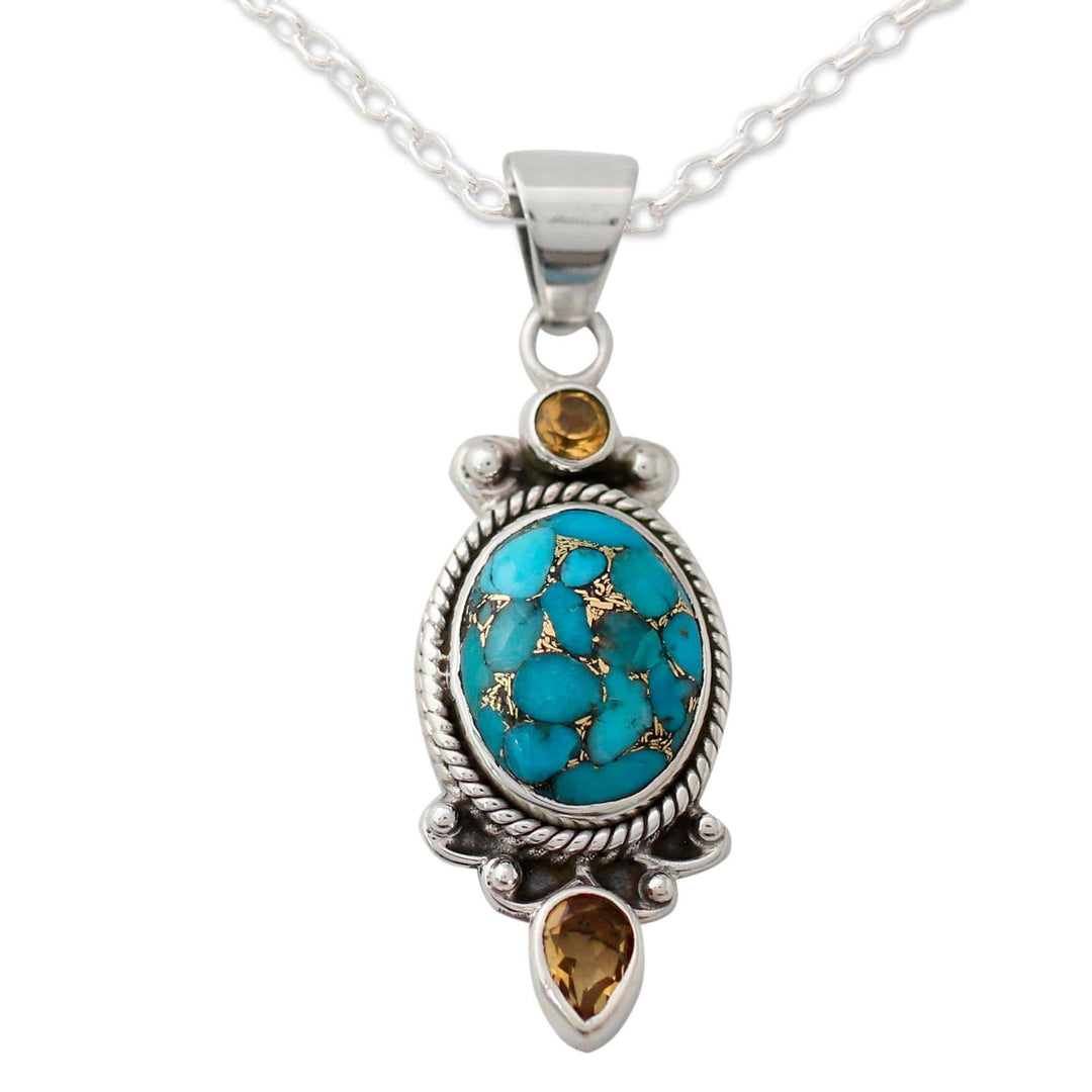 Silver Pendant Necklace with Citrine and Composite Turquoise - Resplendent in Blue