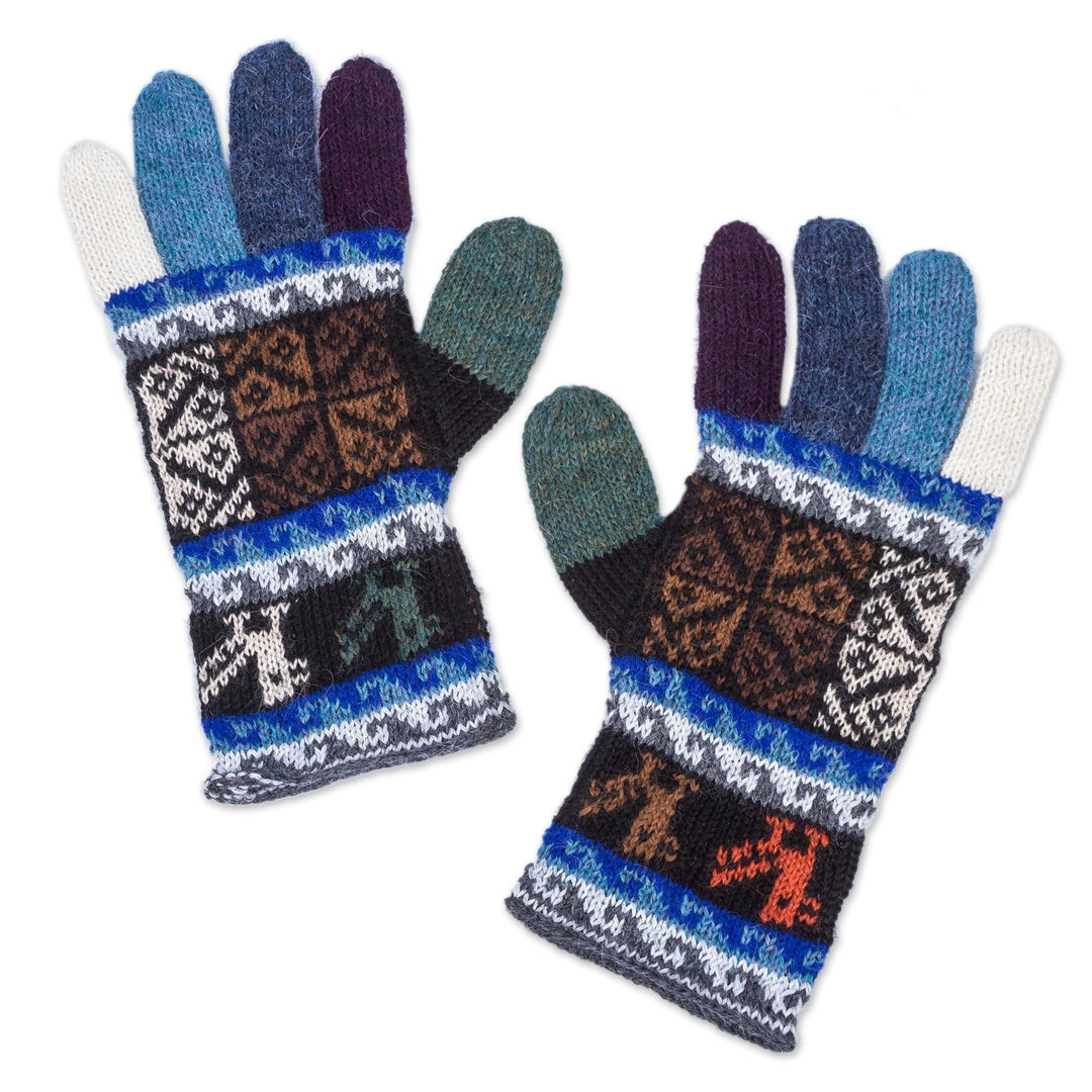 Artisan Crafted 100% Alpaca Colorful Gloves from Peru - Peruvian Patchwork in Blue