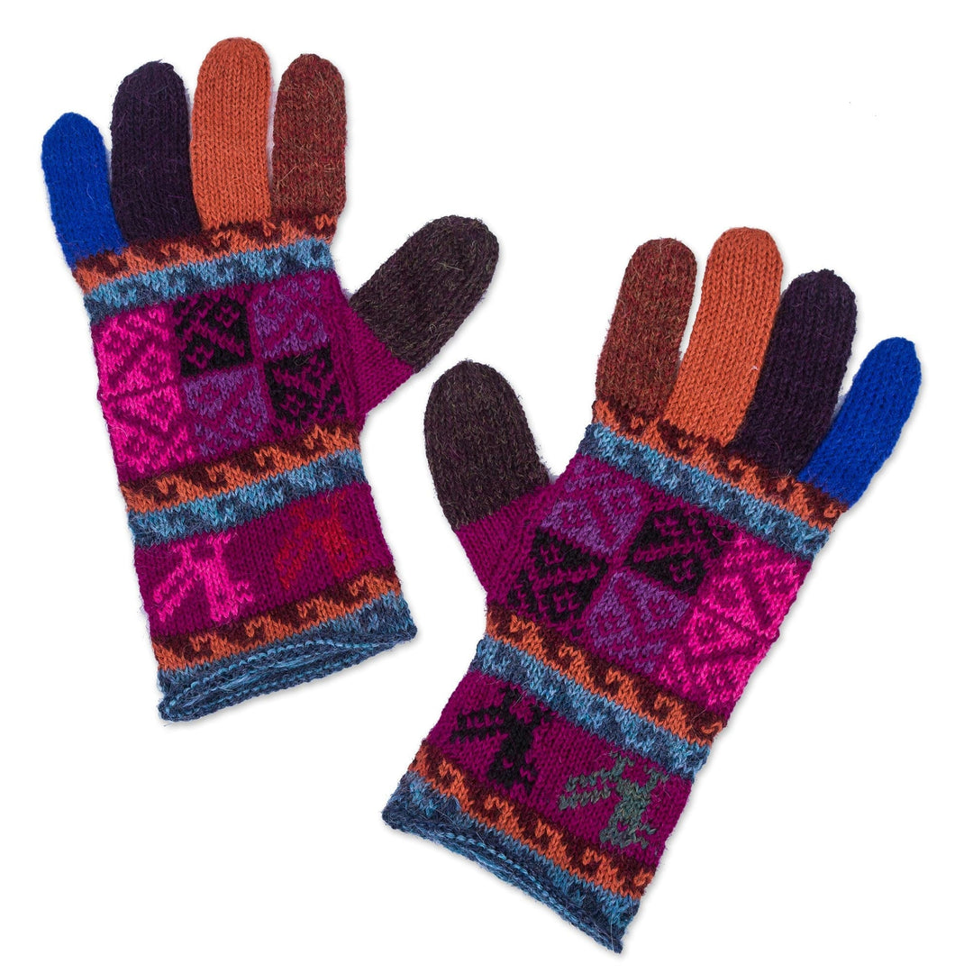 Artisan Crafted 100% Alpaca Multi-Colored Gloves from Peru - Peruvian Patchwork in Magenta