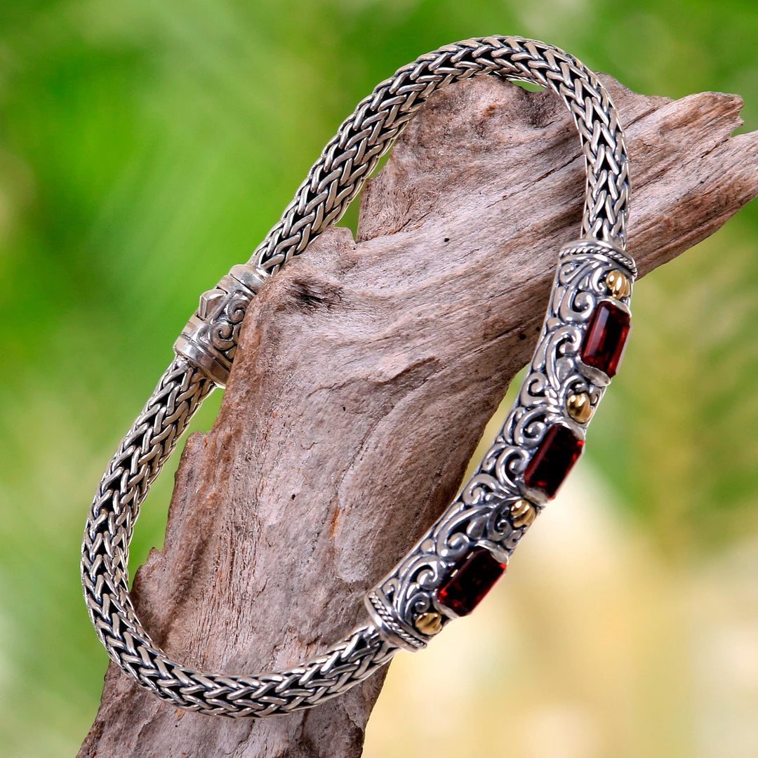 Handcrafted Bali Gold Accent Silver and Garnet Bracelet - Bedugul Temple