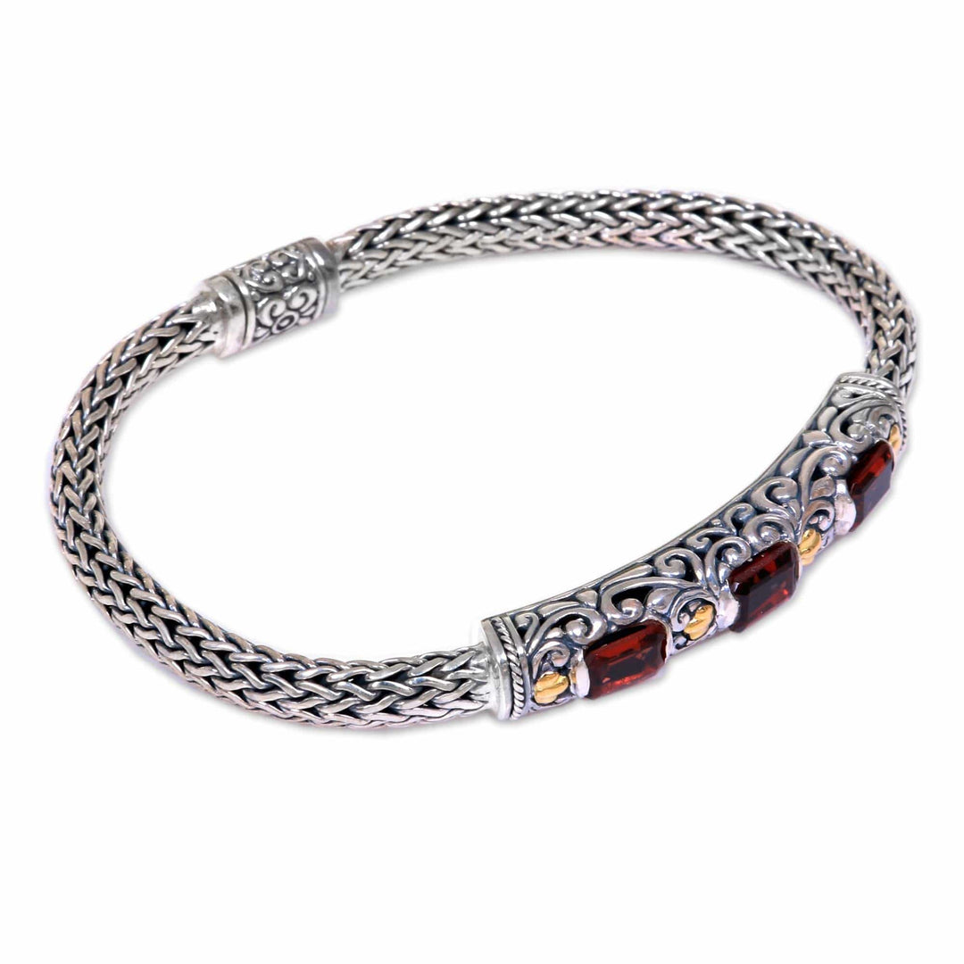 Handcrafted Bali Gold Accent Silver and Garnet Bracelet - Bedugul Temple