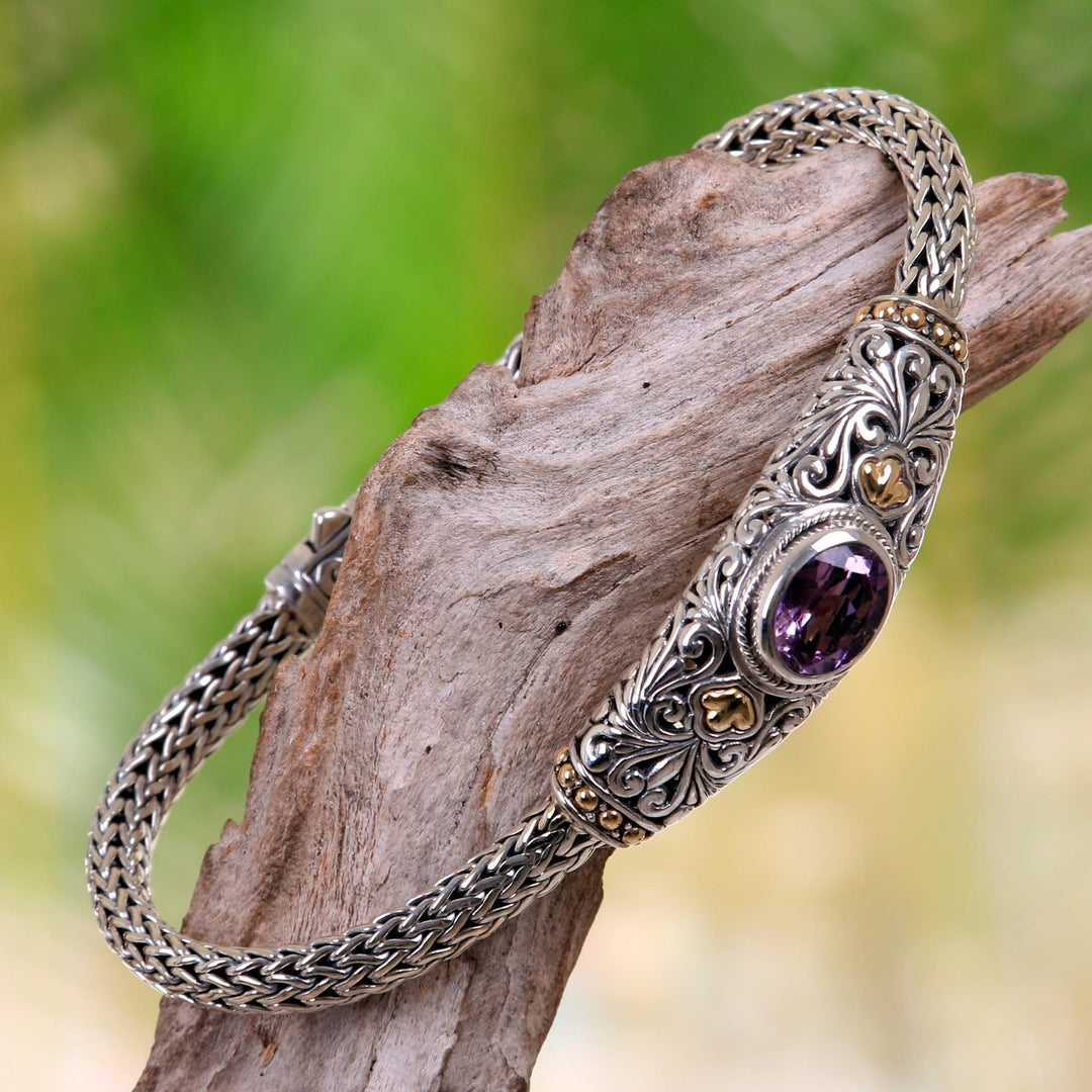 Handcrafted Balinese Gold Accent Silver Amethyst Bracelet - Bedugul Garden