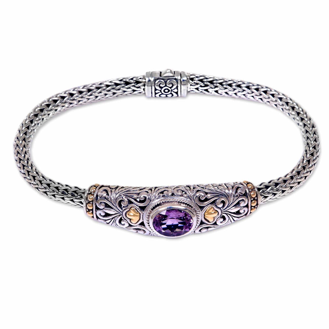 Handcrafted Balinese Gold Accent Silver Amethyst Bracelet - Bedugul Garden