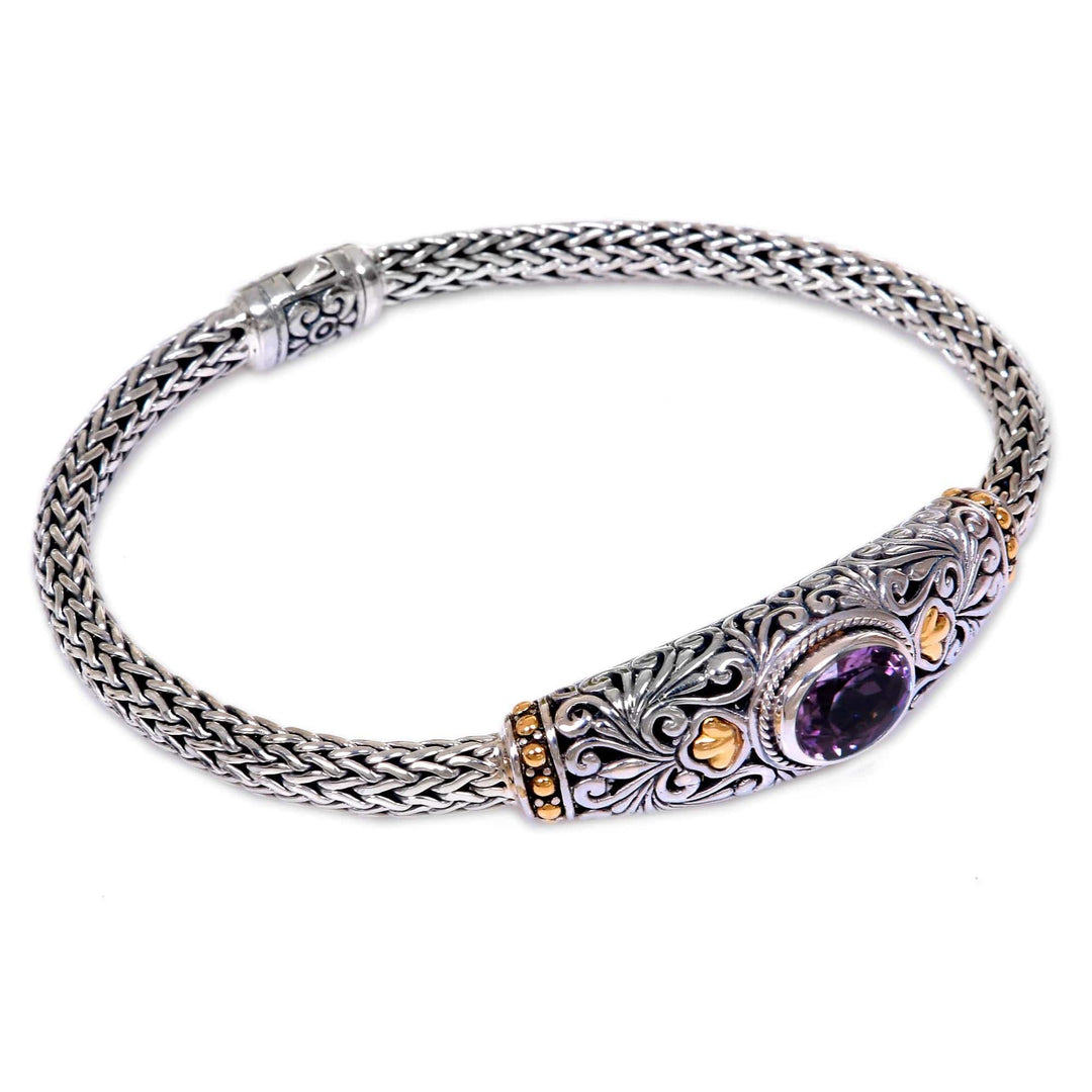 Handcrafted Balinese Gold Accent Silver Amethyst Bracelet - Bedugul Garden