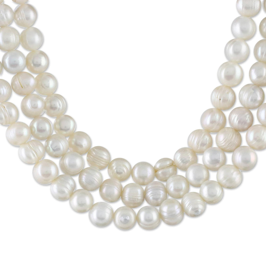 Artisan Crafted Thai Triple White Pearl Strand Necklace - Triple White Halo