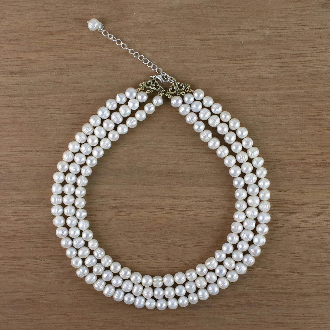 Artisan Crafted Thai Triple White Pearl Strand Necklace - Triple White Halo